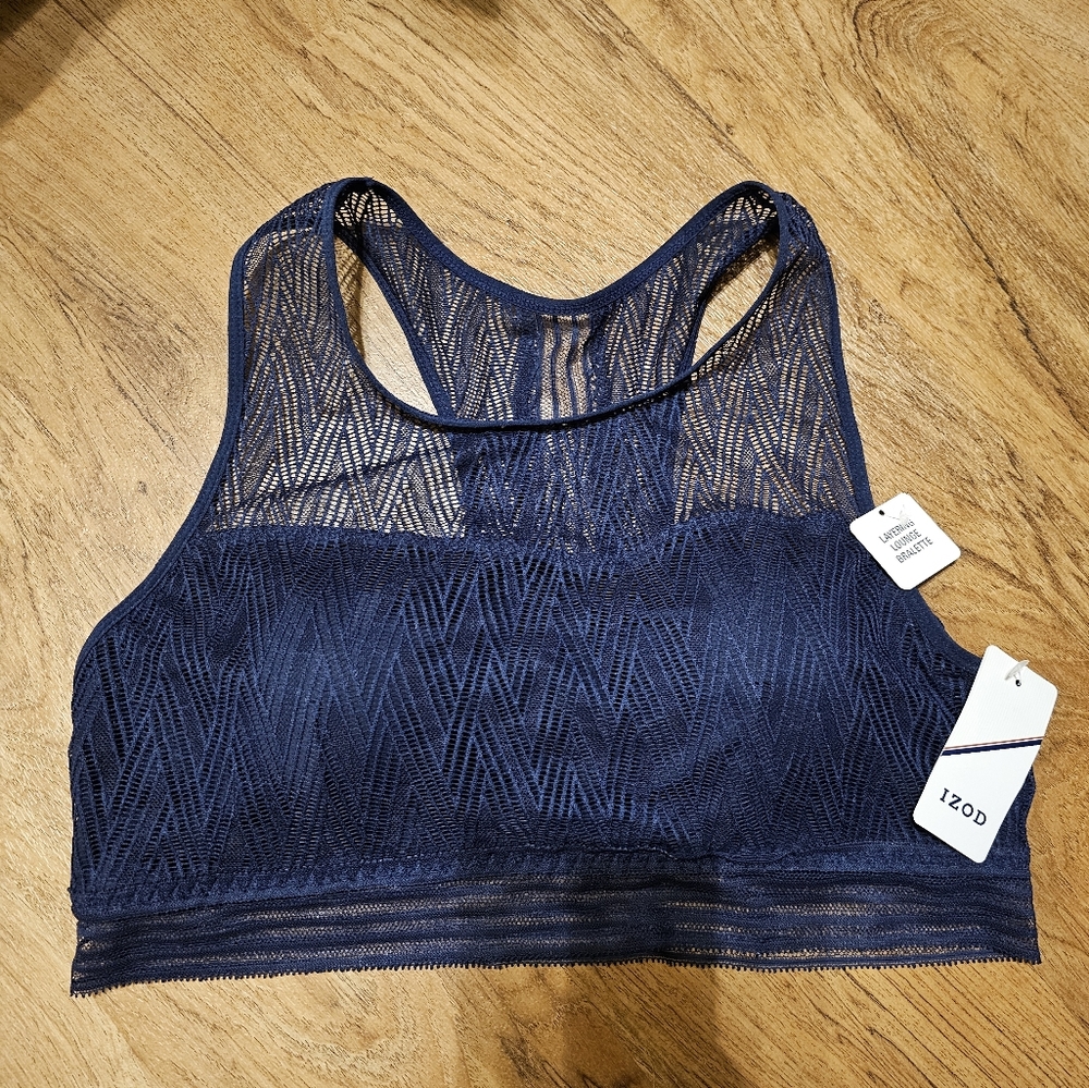 IZOD Navy Blue Geometric Lace Layering Lounge Bralette Racerback NWT Size L
